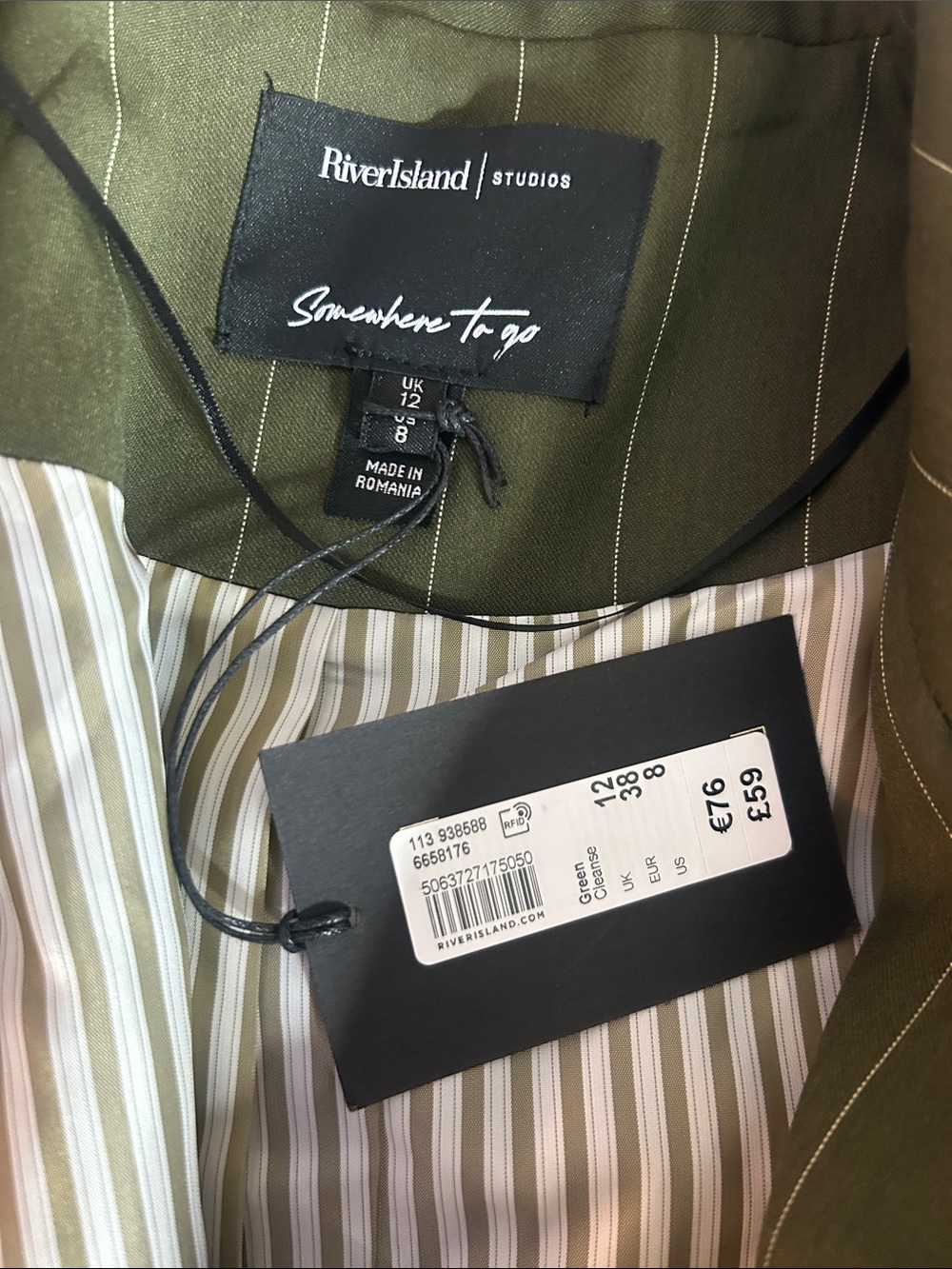 NWT River Island Green Sleeveless Boxy Pinstripe Waistcoat - Picture 5 of 8